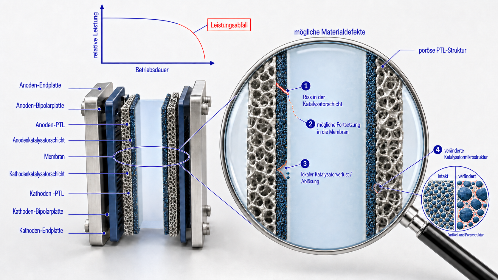 Schematic of a PEM electrolyser with an enlarged material section: possible cracks, detachment and changes in catalyst structure. German labels; English explanation available.